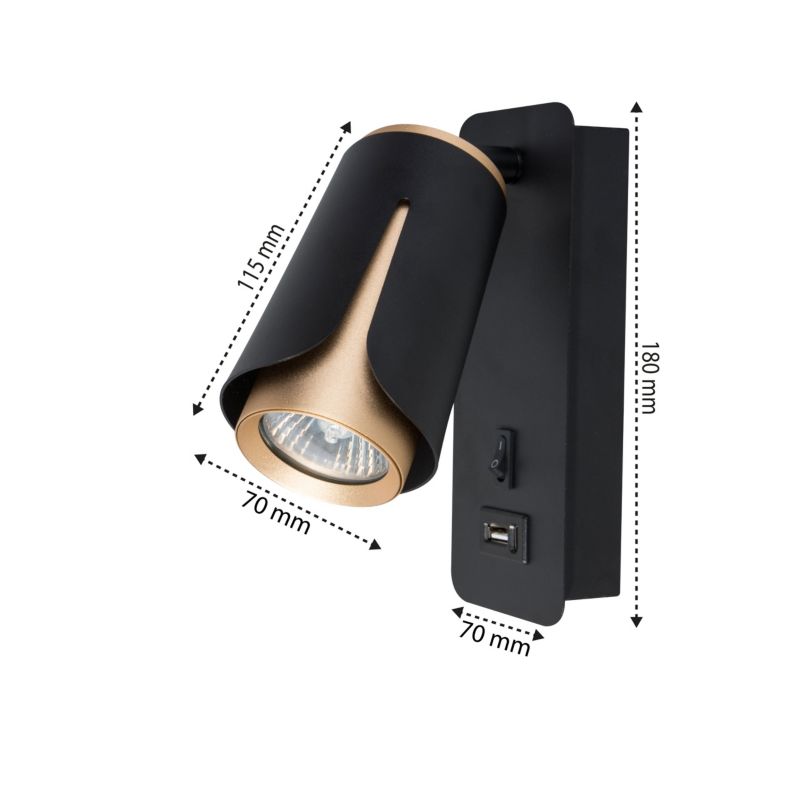 LED-natlampe til læsning XUDO GU10 væglampe mat-sort og guld med USB, 1 stk.