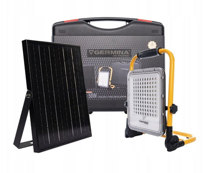 Germina 50W akku-arbejdslampe med LED-projektør, solpanel og transportkuffert – 1 stk.