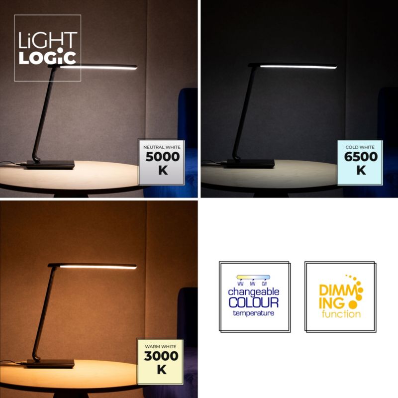 LED bordlampe LightLogic LL DESK LAMP LED 01 B 66080 med justerbar farvetemperatur 3000/4000/6500 K, sort, 1 stk.