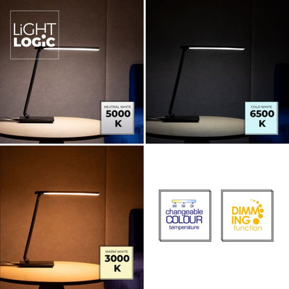 LED bordlampe LightLogic LL DESK LAMP LED 01 B 66080 med justerbar farvetemperatur 3000/4000/6500 K, sort, 1 stk.