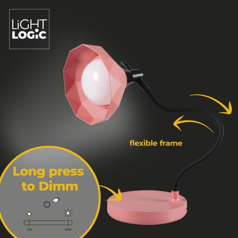 LED bordlampe LightLogic LL KITA DIM CCT PK 66368 med justerbar farvetemperatur 3000/4000/6500K, børnebordlampe, pink, USB, 1 stk.