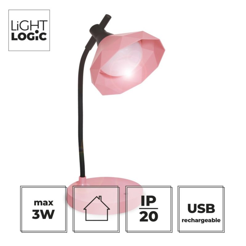LED bordlampe LightLogic LL KITA DIM CCT PK 66368 med justerbar farvetemperatur 3000/4000/6500K, børnebordlampe, pink, USB, 1 stk.