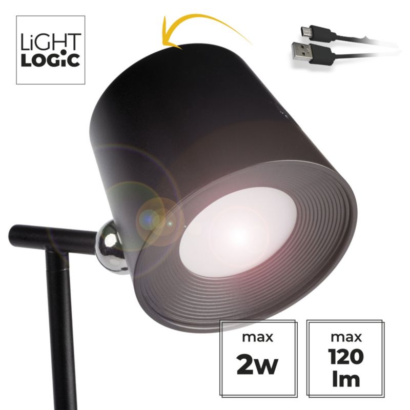 LED-bordlampe LightLogic LL USUL 3in1DIM+CCT-B med justerbar farvetemperatur 3000/4000/6500 K, sort, væglampe, klemme, USB, 1 stk.