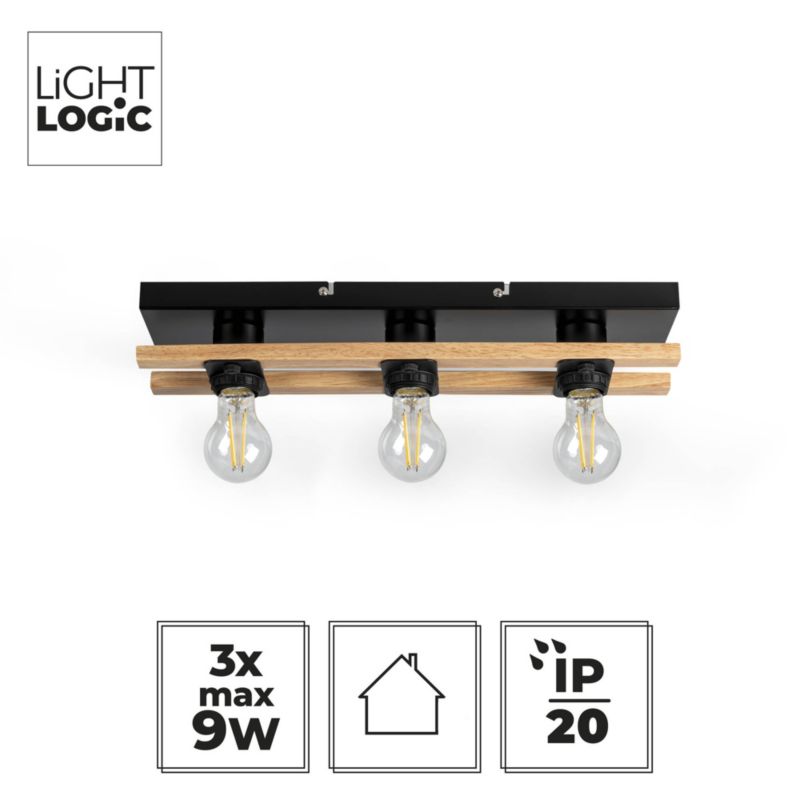 Loft-væglampe LightLogic LL BURI 3xE27 66232 i træ, 1 stk.