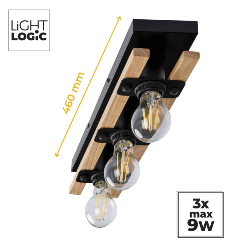 Loft-væglampe LightLogic LL BURI 3xE27 66232 i træ, 1 stk.