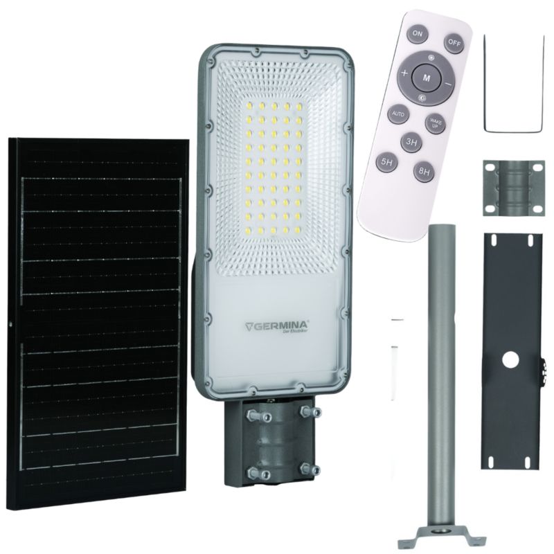 Germina 100W solcellet LED-gadelampe med fjernbetjening og stolpe - komplet sæt