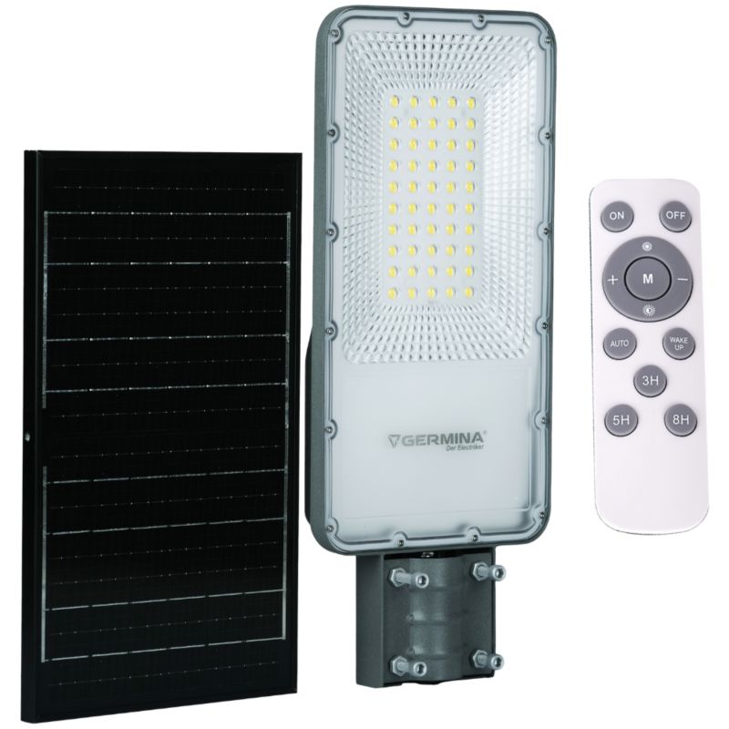 Germina 100W solcellet LED-gadelampe med fjernbetjening og stolpe - komplet sæt