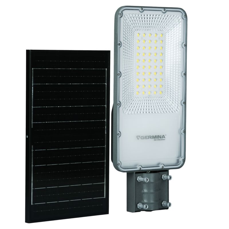 Germina 100W solcellet LED-gadelampe med fjernbetjening og stolpe - komplet sæt
