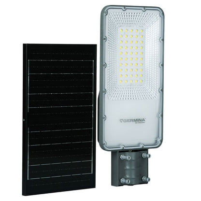 Germina 100W solcellet LED-gadelampe med fjernbetjening og stolpe - komplet sæt
