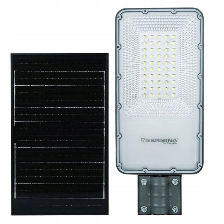 Germina 100W solcellet LED-gadelampe med fjernbetjening og stolpe - komplet sæt