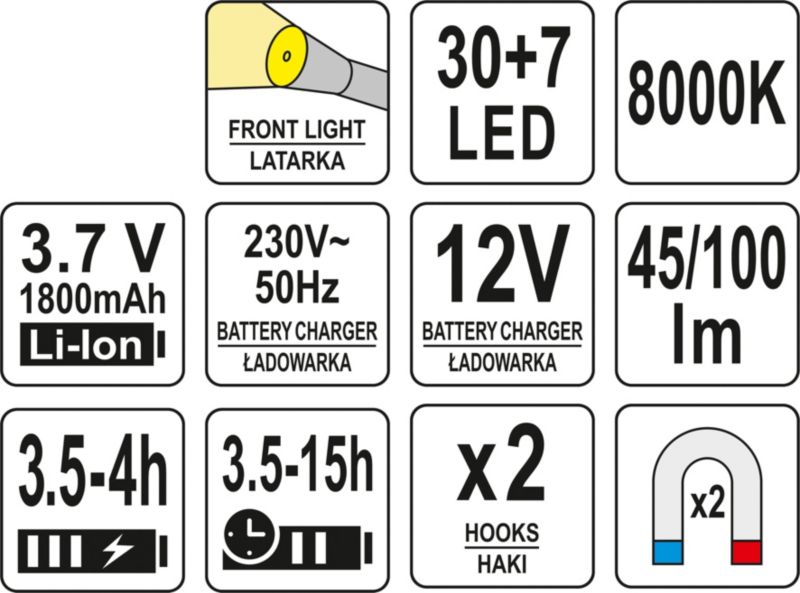 Akku Værkstedlampe 30+7 LED 100 lm Sort Rød