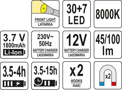 Akku Værkstedlampe 30+7 LED 100 lm Sort Rød