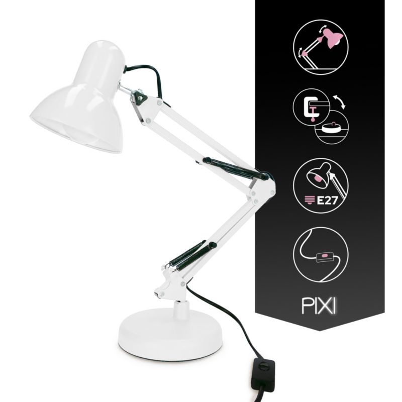 Pixi White E27 bordlampe i hvid med base og clips EDO777536, 1 stk.