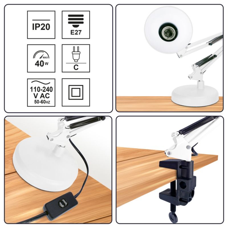 Pixi White E27 bordlampe i hvid med base og clips EDO777536, 1 stk.