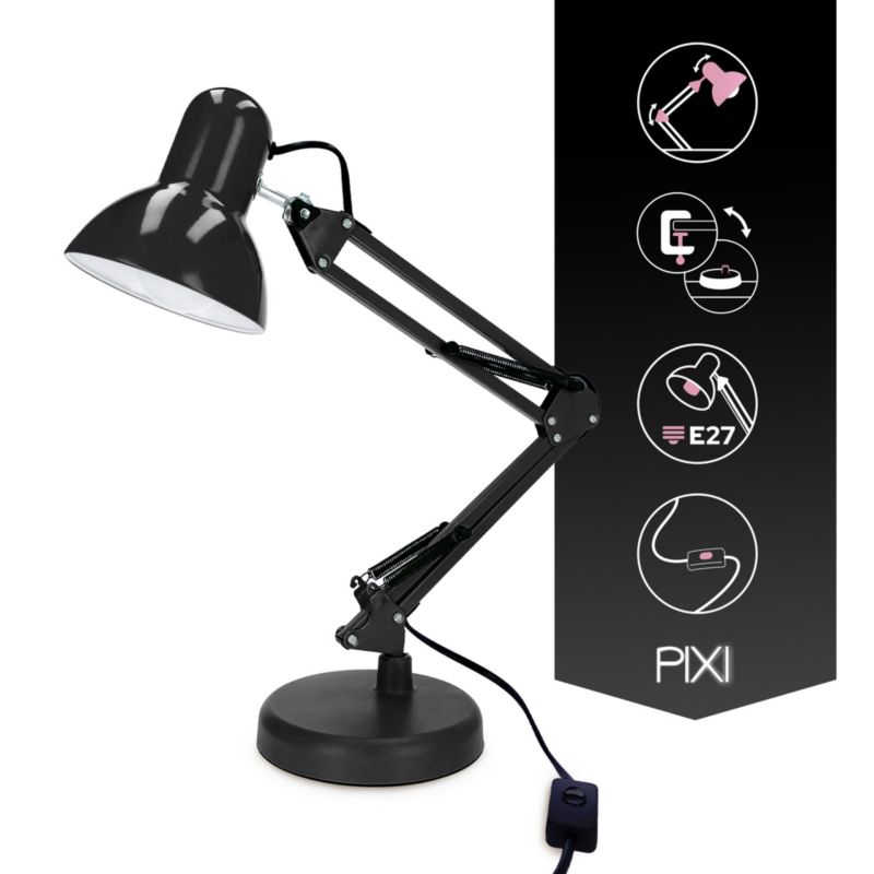 Edo Pixi Black E27 skrivebordslampe sæt med fod og clips EDO777535 sort 1 stk.