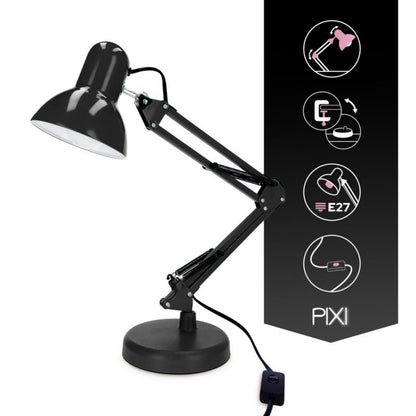 Edo Pixi Black E27 skrivebordslampe sæt med fod og clips EDO777535 sort 1 stk.
