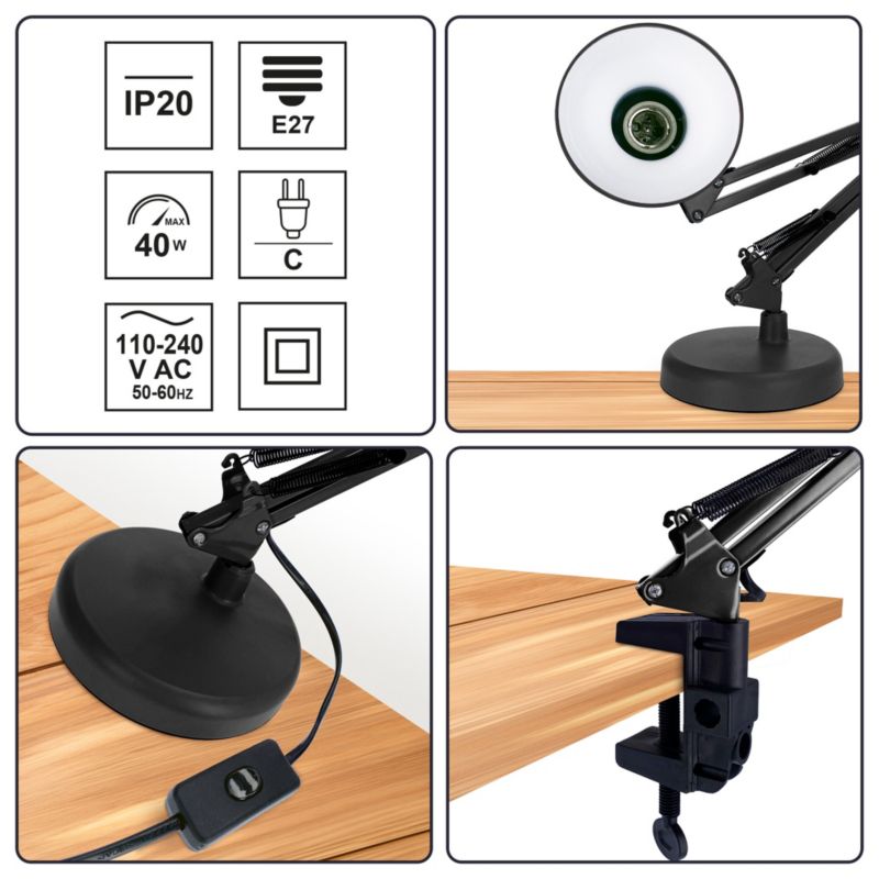 Edo Pixi Black E27 skrivebordslampe sæt med fod og clips EDO777535 sort 1 stk.