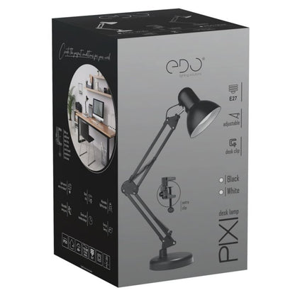 Edo Pixi Black E27 skrivebordslampe sæt med fod og clips EDO777535 sort 1 stk.
