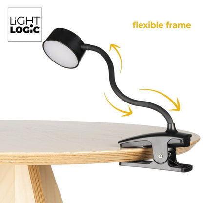 LED skrivebordslampe LightLogic LL AGREER B 66480 med justerbar farvetemperatur til børn, klemme, USB, sort, væglampe, 1 stk.