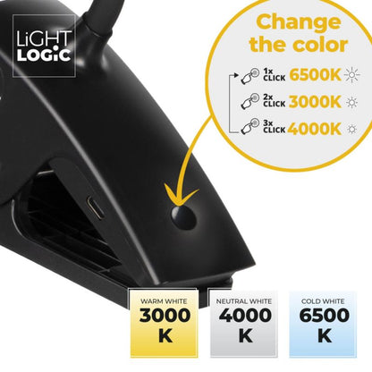 LED skrivebordslampe LightLogic LL AGREER B 66480 med justerbar farvetemperatur til børn, klemme, USB, sort, væglampe, 1 stk.