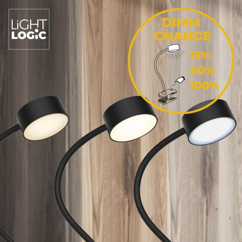 LED skrivebordslampe LightLogic LL AGREER B 66480 med justerbar farvetemperatur til børn, klemme, USB, sort, væglampe, 1 stk.