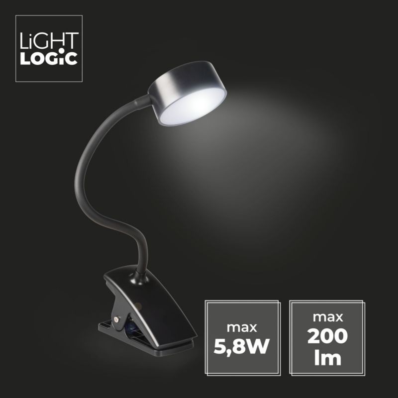 LED skrivebordslampe LightLogic LL AGREER B 66480 med justerbar farvetemperatur til børn, klemme, USB, sort, væglampe, 1 stk.