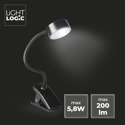 LED skrivebordslampe LightLogic LL AGREER B 66480 med justerbar farvetemperatur til børn, klemme, USB, sort, væglampe, 1 stk.
