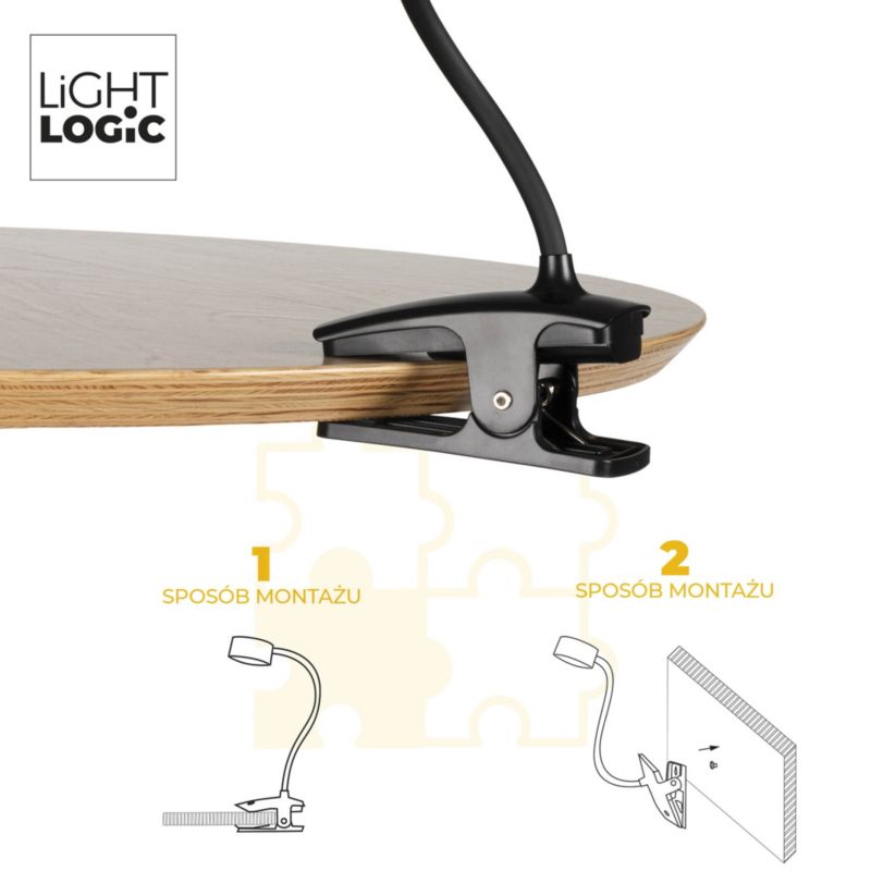 LED skrivebordslampe LightLogic LL AGREER B 66480 med justerbar farvetemperatur til børn, klemme, USB, sort, væglampe, 1 stk.