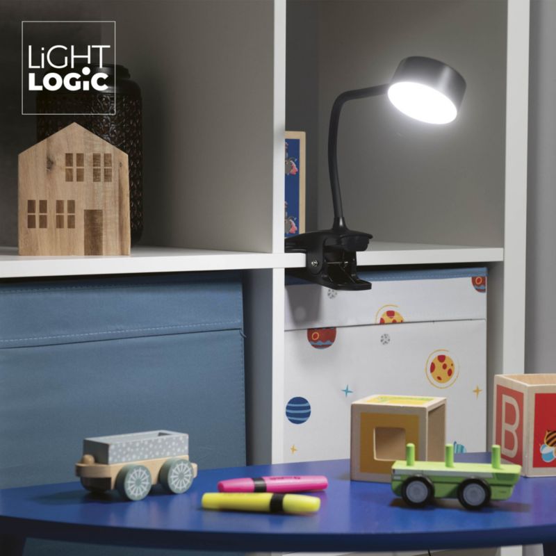 LED skrivebordslampe LightLogic LL AGREER B 66480 med justerbar farvetemperatur til børn, klemme, USB, sort, væglampe, 1 stk.