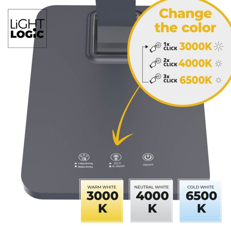 LED skrivebordslampe LightLogic LL UNHED LED GR 66489 med justerbar farvetemperatur 3000/4000/6500 K, grå, touch, 1 stk.