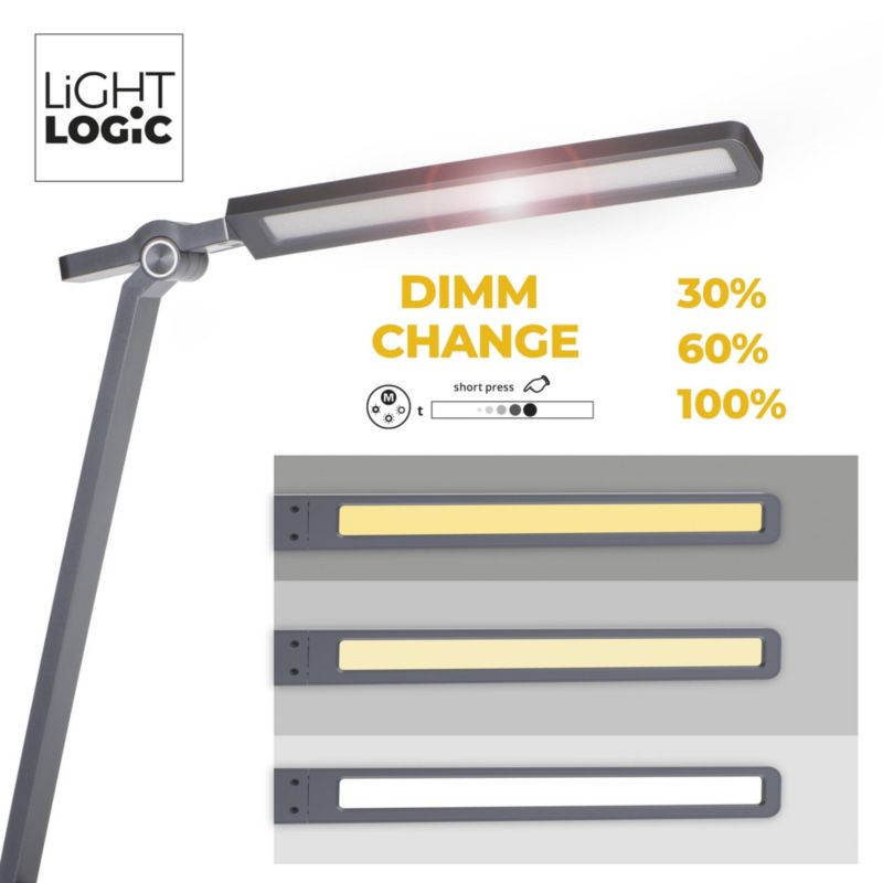 LED skrivebordslampe LightLogic LL UNHED LED GR 66489 med justerbar farvetemperatur 3000/4000/6500 K, grå, touch, 1 stk.