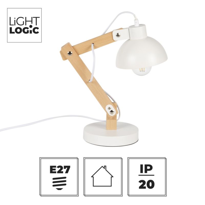 LightLogic LL UBUD TL E27 W skrivebordslampe hvid med justerbar arm 1 stk.
