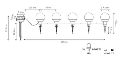 Solcellelampe kugle 9 cm til nedstikning, 5 stk.