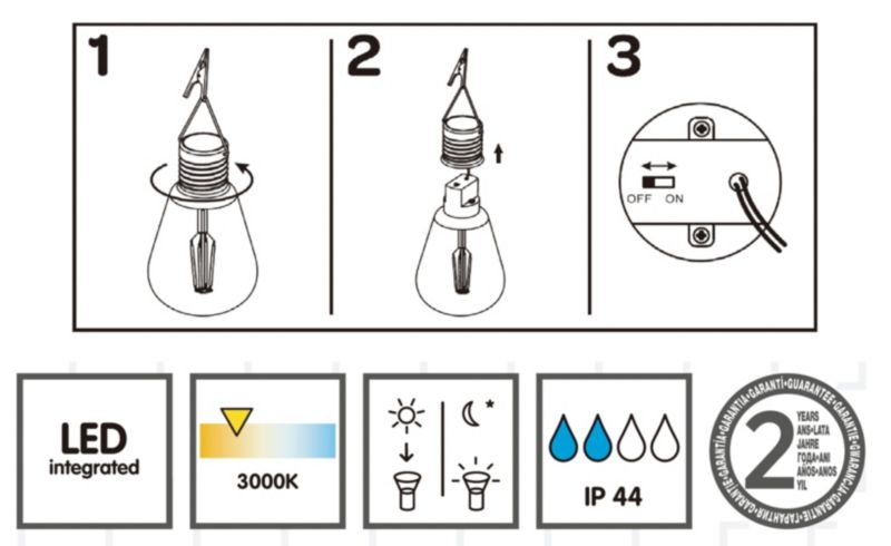 Solcellelampe med glaspære og clips