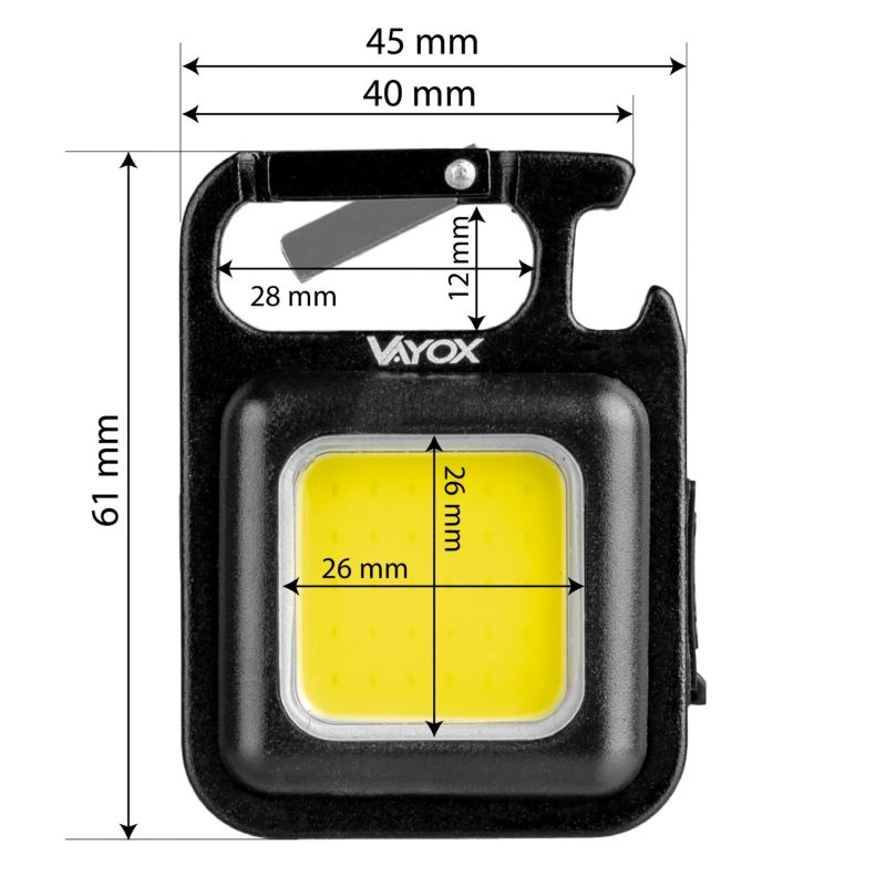 Vayox VA0288 multifunktionel nøglering lommelygte med genopladeligt batteri, magnet og flaskeåbner, 300 lm, 1 stk.
