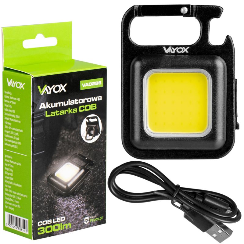 Vayox VA0288 multifunktionel nøglering lommelygte med genopladeligt batteri, magnet og flaskeåbner, 300 lm, 1 stk.