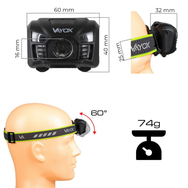 Vayox VA0020 genopladelig pandelampe med bevægelsessensor, 170 lm, 1 stk.