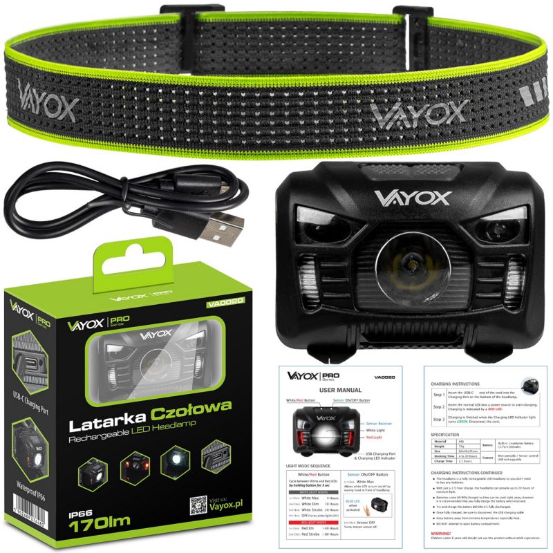 Vayox VA0020 genopladelig pandelampe med bevægelsessensor, 170 lm, 1 stk.