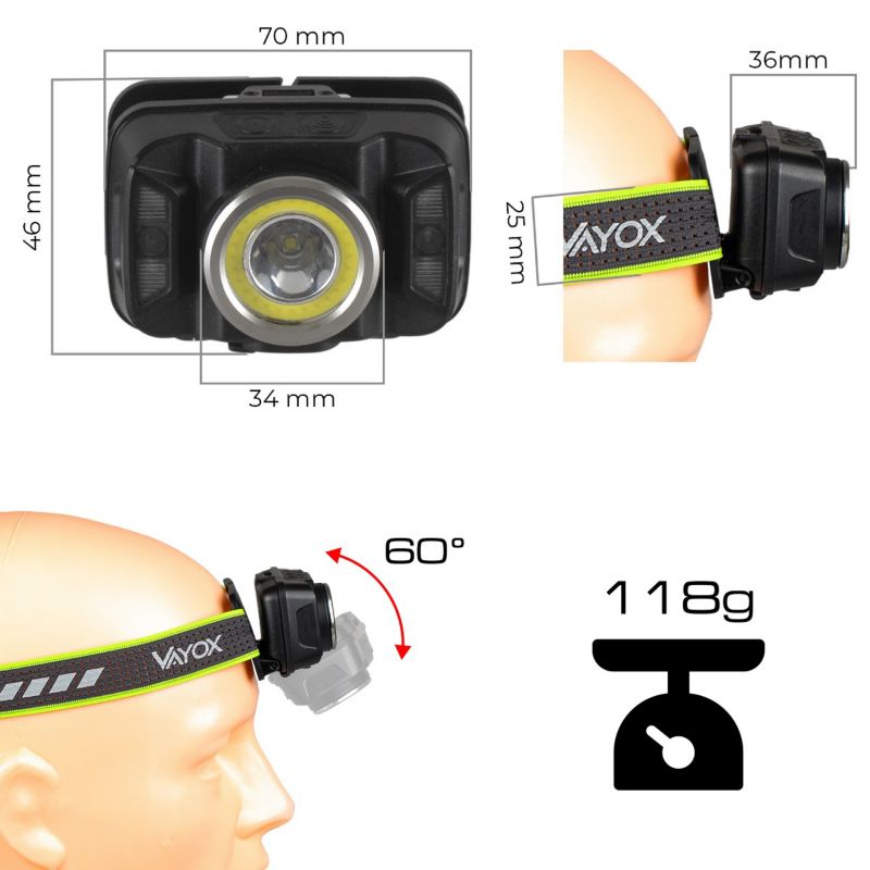 Vayox VA0025 genopladelig pandelampe med bevægelsessensor 430 lm, 1 stk.