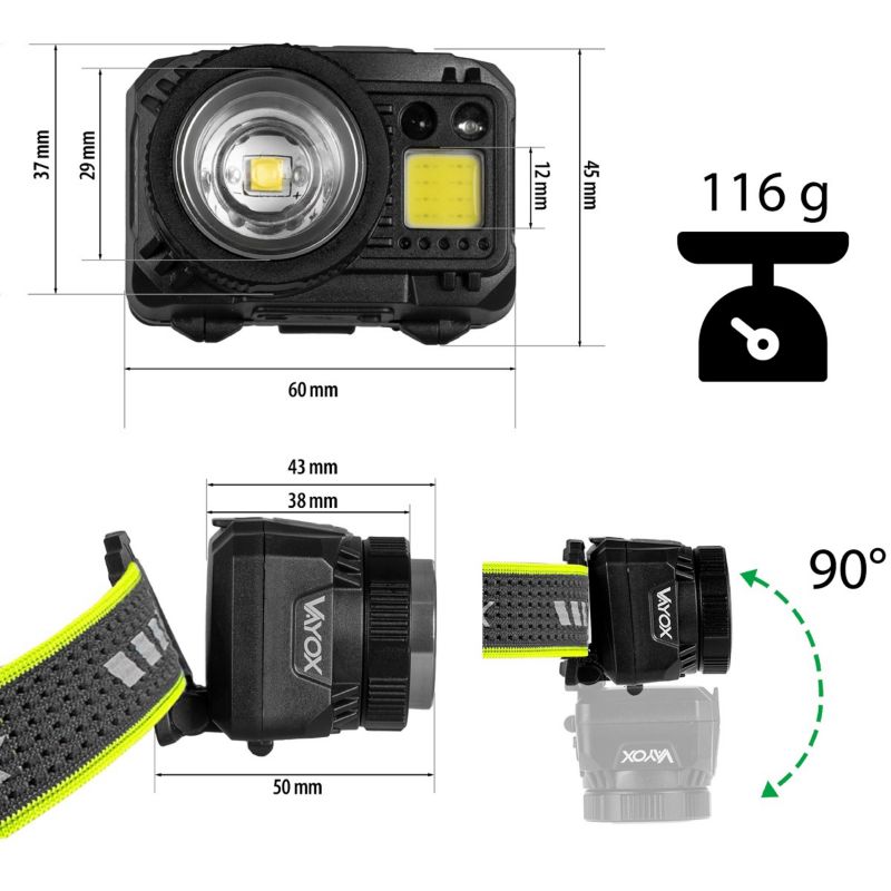 Vayox VA0098 genopladelig pandelampe med bevægelsessensor og zoom, 500 lm, 1 stk.