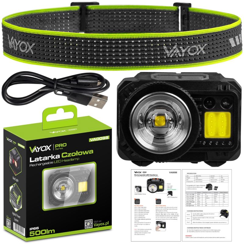 Vayox VA0098 genopladelig pandelampe med bevægelsessensor og zoom, 500 lm, 1 stk.