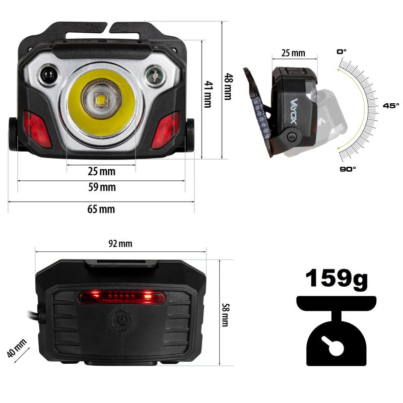 Vayox VA0103 genopladelig pandelampe med bevægelsessensor 1200 lm, 1 stk.