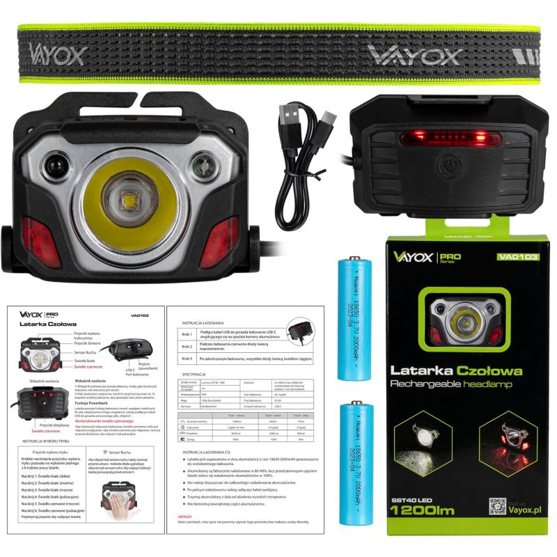 Vayox VA0103 genopladelig pandelampe med bevægelsessensor 1200 lm, 1 stk.