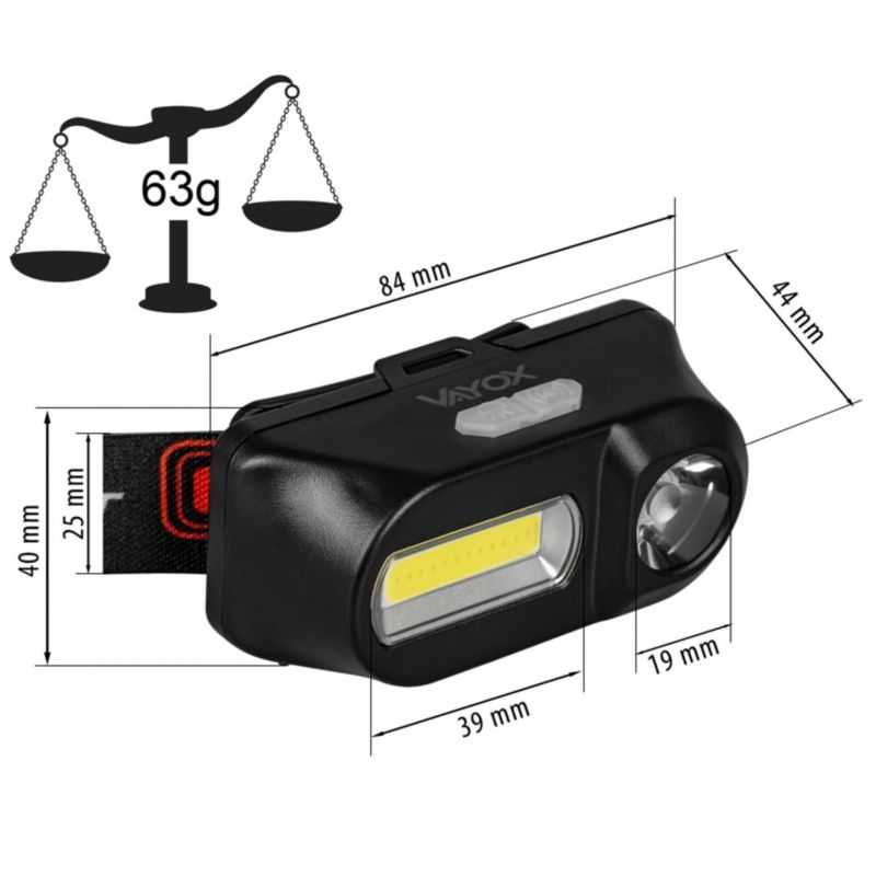 Vayox VA0115 genopladelig pandelampe 380 lm, 1 stk.