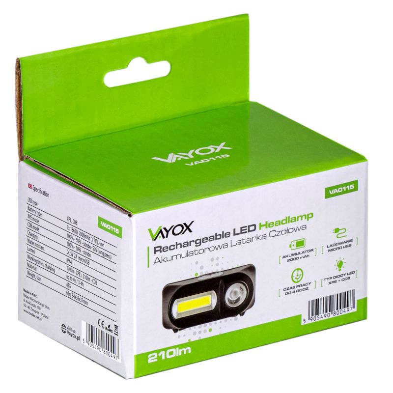 Vayox VA0115 genopladelig pandelampe 380 lm, 1 stk.