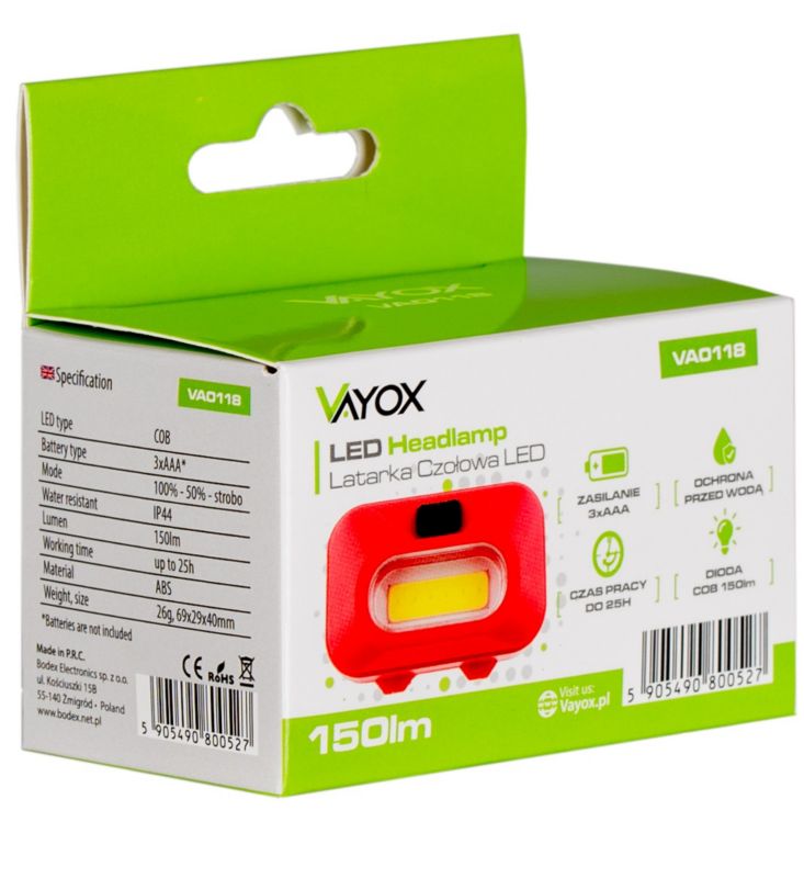 Vayox VA0118 pandelampe med batteri 150 lm, 1 stk.