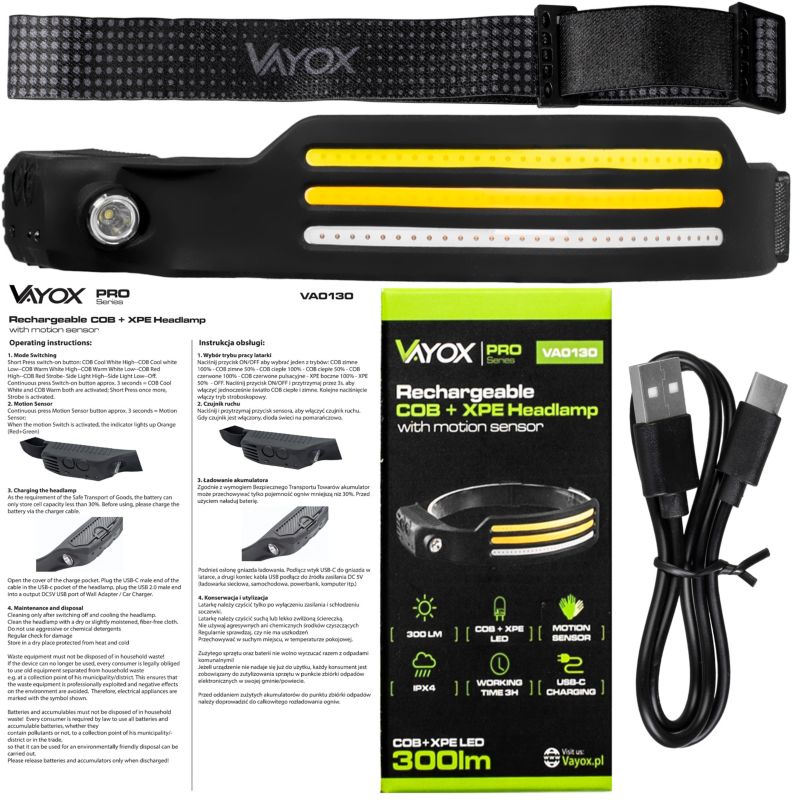 Vayox VA0130 genopladelig pandelampe med bevægelsessensor, 300 lm, 1 stk.