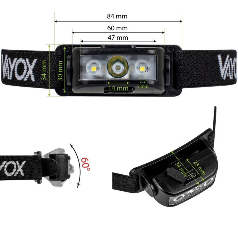 Vayox VA0174 pandelampe med genopladeligt batteri 100 lm, 1 stk.