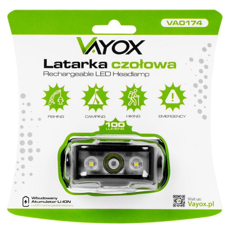 Vayox VA0174 pandelampe med genopladeligt batteri 100 lm, 1 stk.
