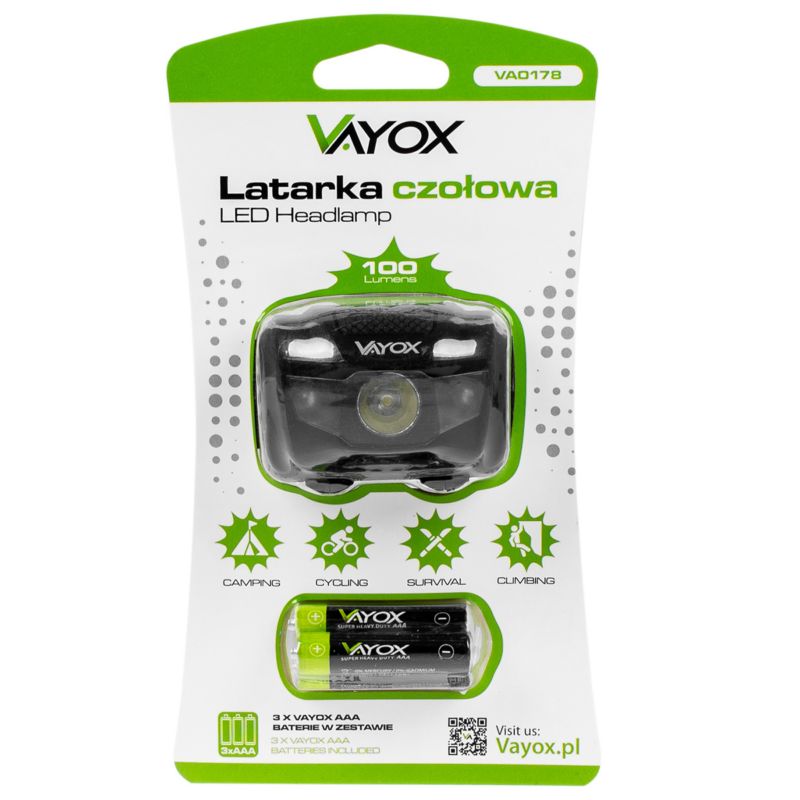 Vayox VA0178 pandelampe med batteri 100 lm, 1 stk.